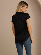 [Zwart] SilkSilky-NL Short Sleeve Split Blouse 002