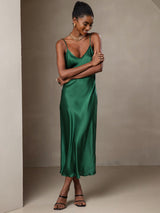[Groen] SilkSilky-NL Spaghetti Strap V Neck Jurk 005