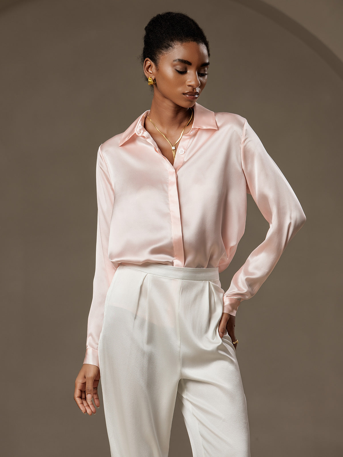[Roze] SilkSilky-NL 19Momme Zijde Lapel Collar Dames Blouse 001