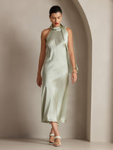 [Lichtgroene] SilkSilky-NL 19Momme Stretch Silk Charmeuse Sleeveless Tie Neck Jurk 001