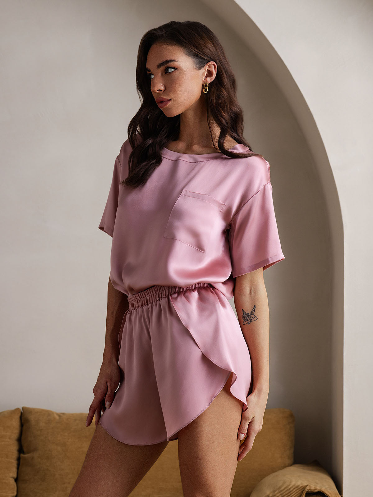 [Bleek Mauve] SilkSilky-NL Ronde Hals Dames Pyjama Set 005