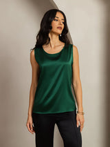 [Donkergroen] SilkSilky-NL Sleeveless Round Neck Cami-Top 001