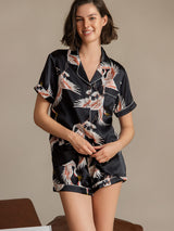 [Zwart] SilkSilky-NL 19Momme Korte Mouw Notchkraag Dames Pyjama Set 002