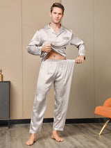 [Grijs] SilkSilky-NL Lange Mouw Notchkraag Heren Pyjama Set 005
