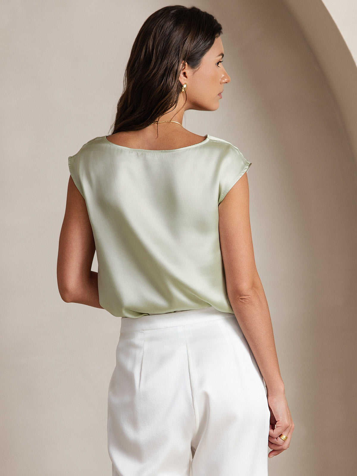 [Lichtgroene] SilkSilky-NL 19Momme Zijde Mouwloos Womens T-Shirt 002