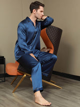 [Donkerblauw] SilkSilky-NL Pure Silk Lange Mouw Revers Heren Pyjama Set 008