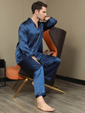 SilkSilky NL Pure Silk Lange Mouw Revers Heren Pyjama Set Donkerblauw 008