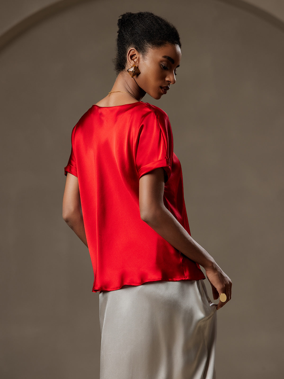 [Wijn] SilkSilky-NL 19Momme Zijde Ronde Hals Dames T-Shirt 002