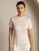 [Grijs] SilkSilky-NL 100% Silk Jersey Short Sleeve Mock Neck Dames T-Shirt 006