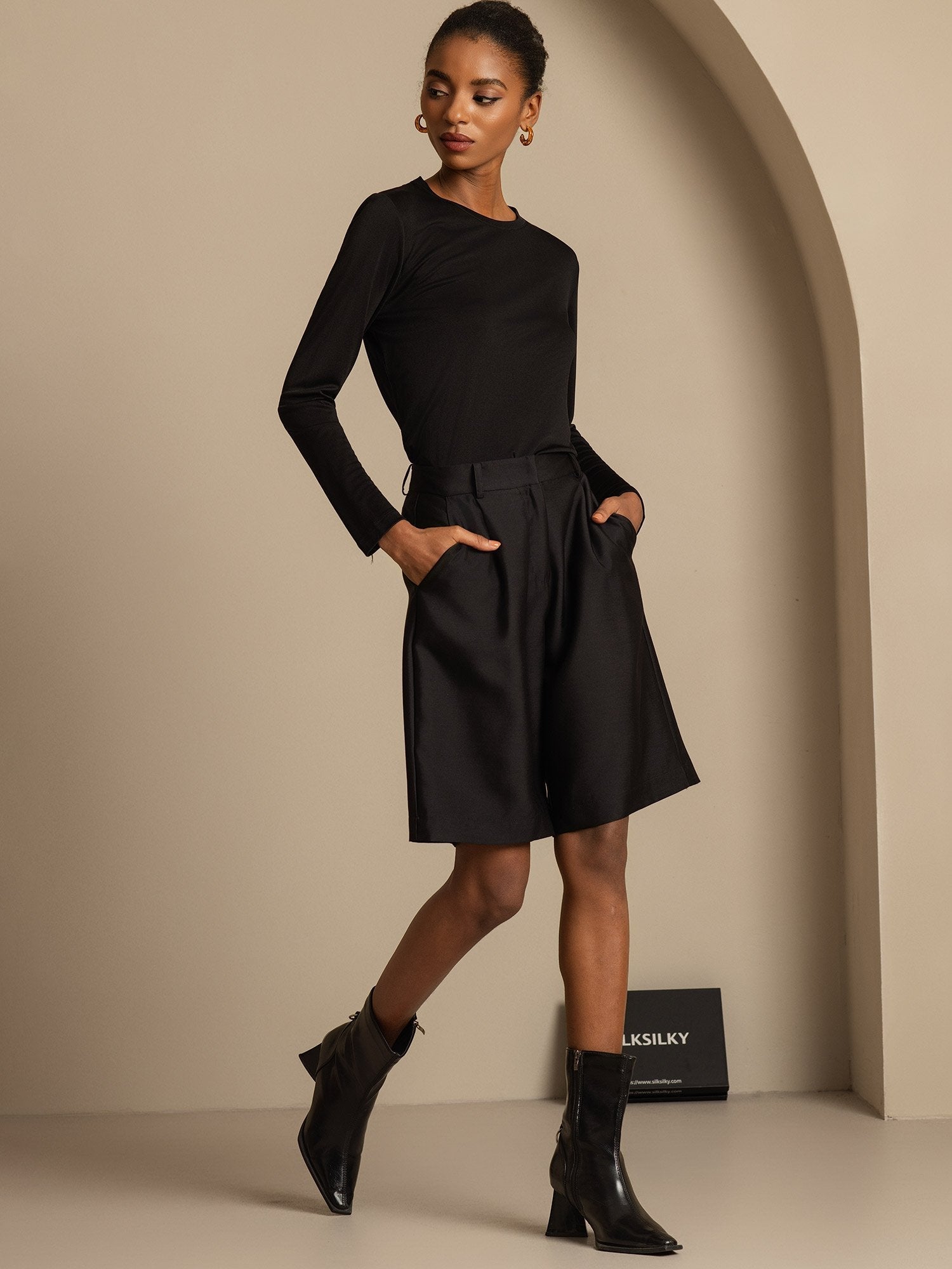 [Zwart] SilkSilky-NL 32Momme Silk-Wool Blend Womens Shorts 006,