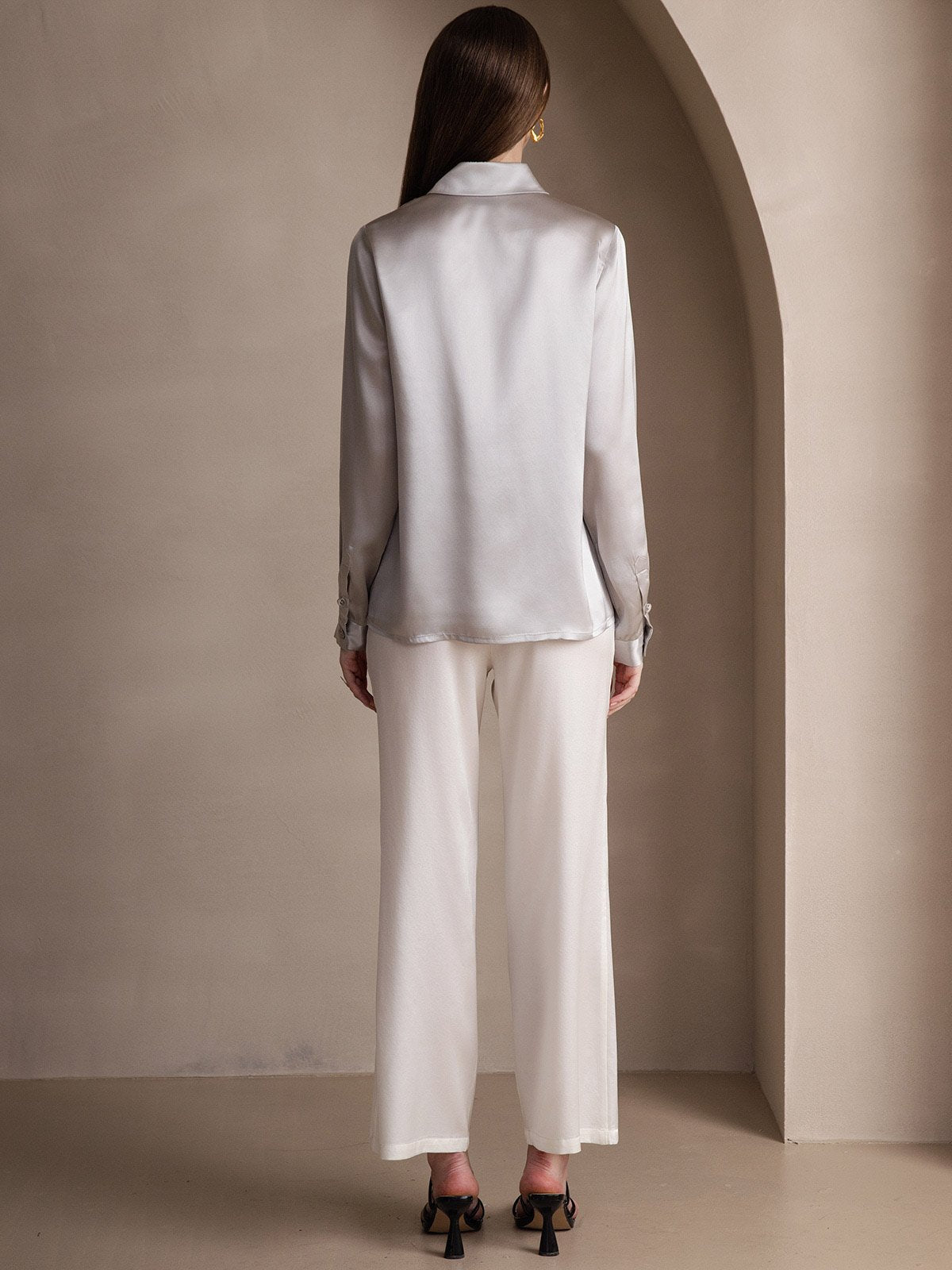 [Lichtgrijs] SilkSilky-NL Long Sleeve Lapel Collar Dames Blouse 002