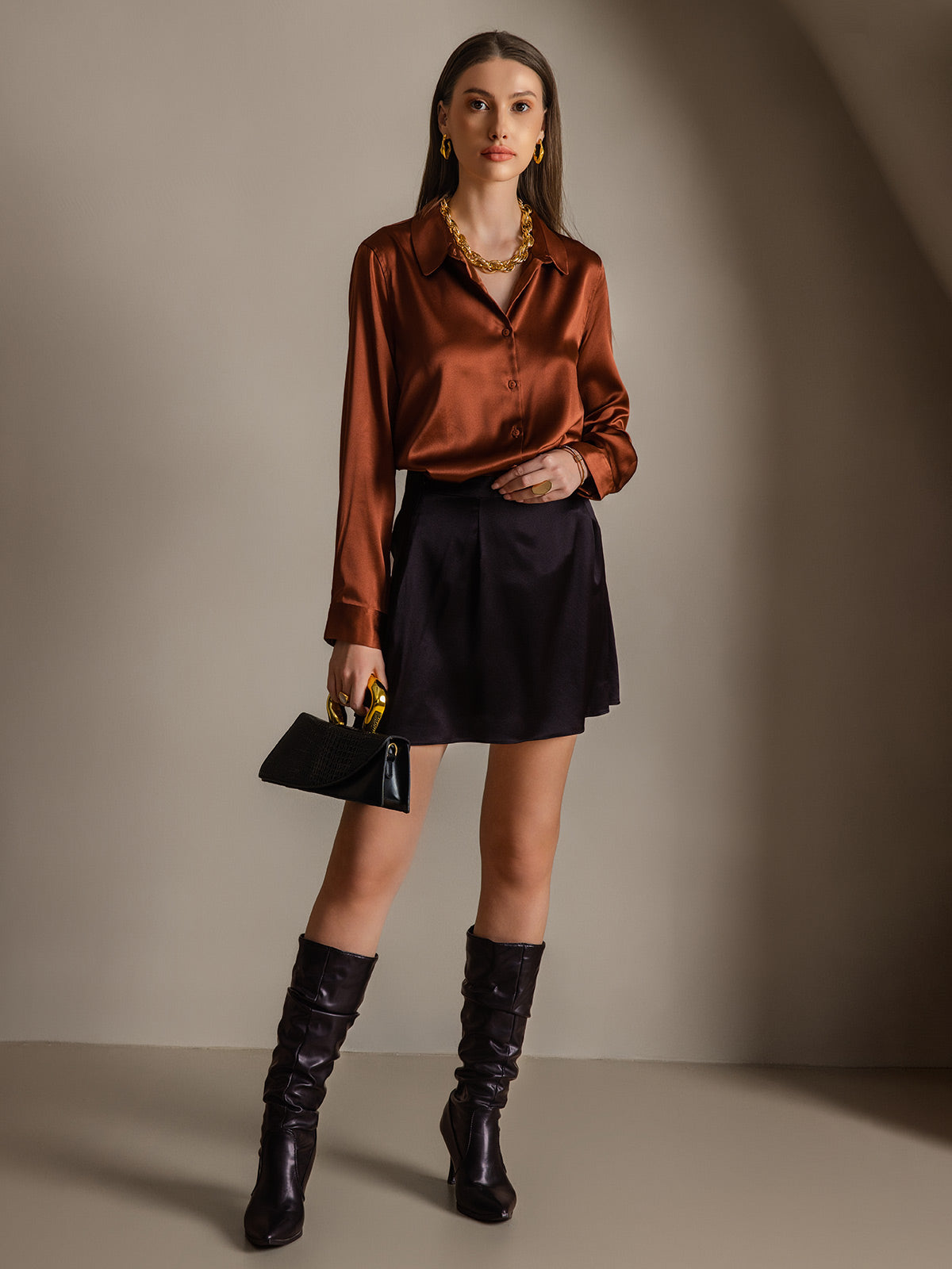 [Koffie] SilkSilky-NL Zijde Kraag Dames Blouse 005