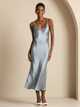 [Grijsachtig Blauw] SilkSilky-NL Spaghetti Strap V Neck Jurk 007
