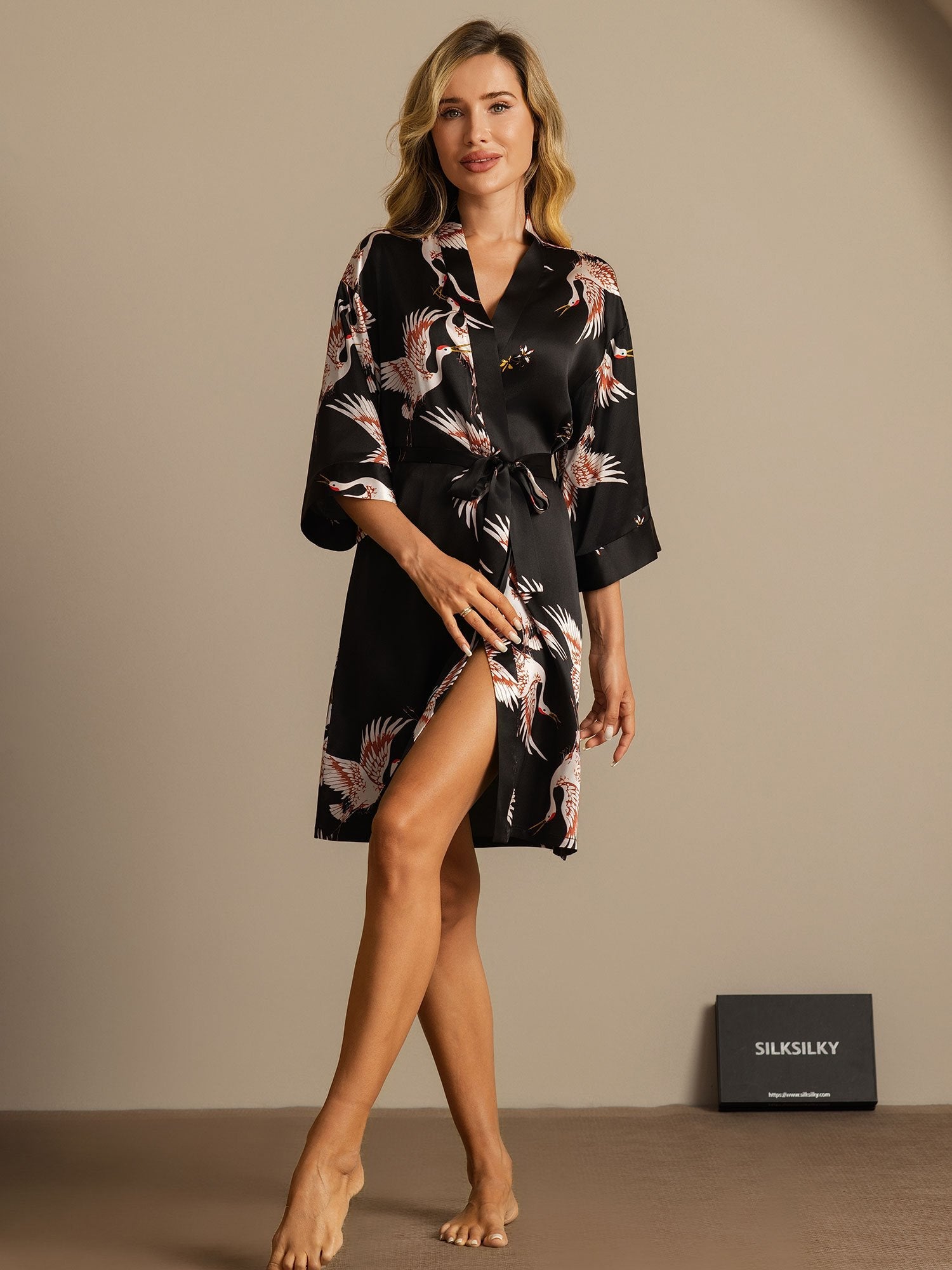 [Zwart] SilkSilky-NL 19Momme 3/4 Mouw Dames Kamerjas 003