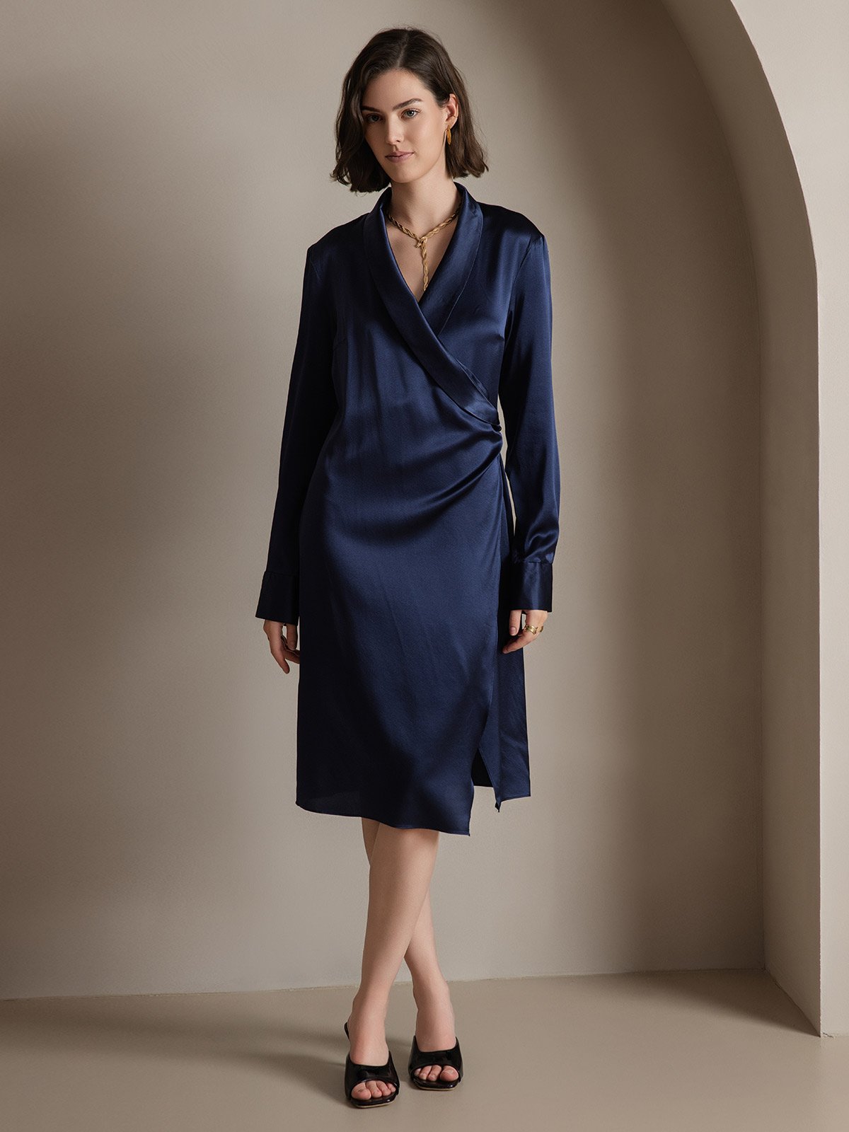 [Donkerblauw] SilkSilky-NL 19Momme Zijde Dress 004
