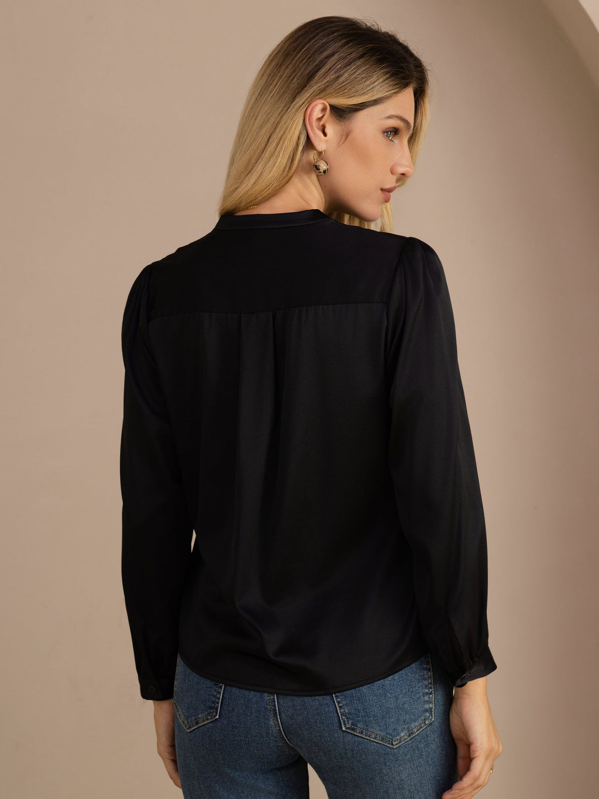 [Zwart] SilkSilky-NL Long Sleeve Blouse 002