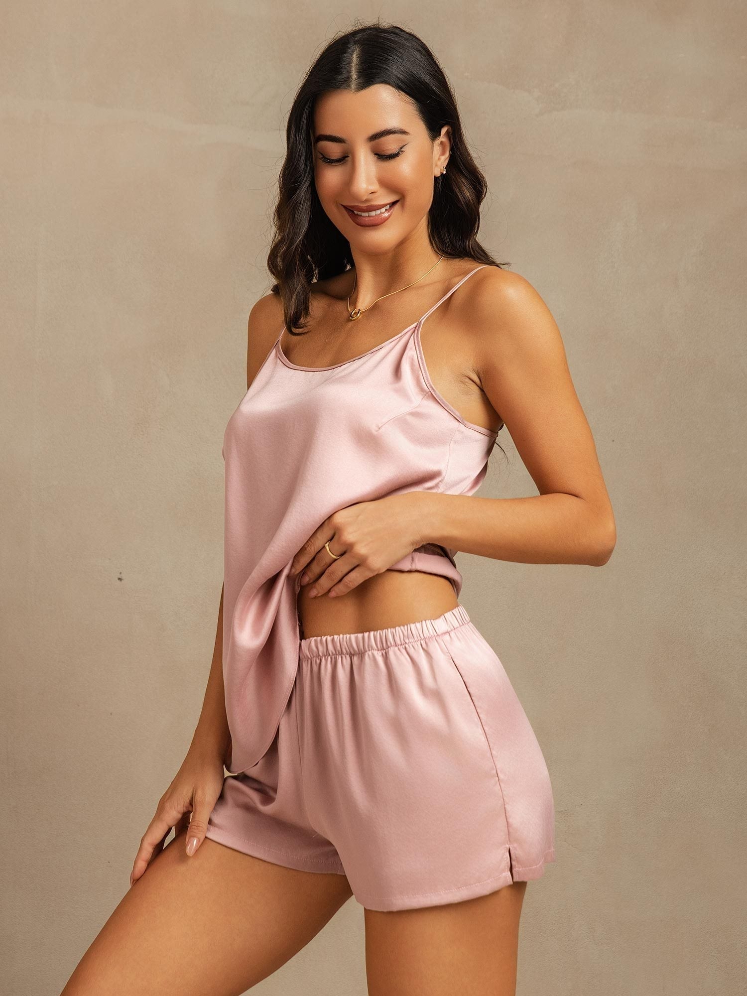 [Perzikhuid] SilkSilky-NL 19Momme Zijde Ronde Hals Cami-Set 003