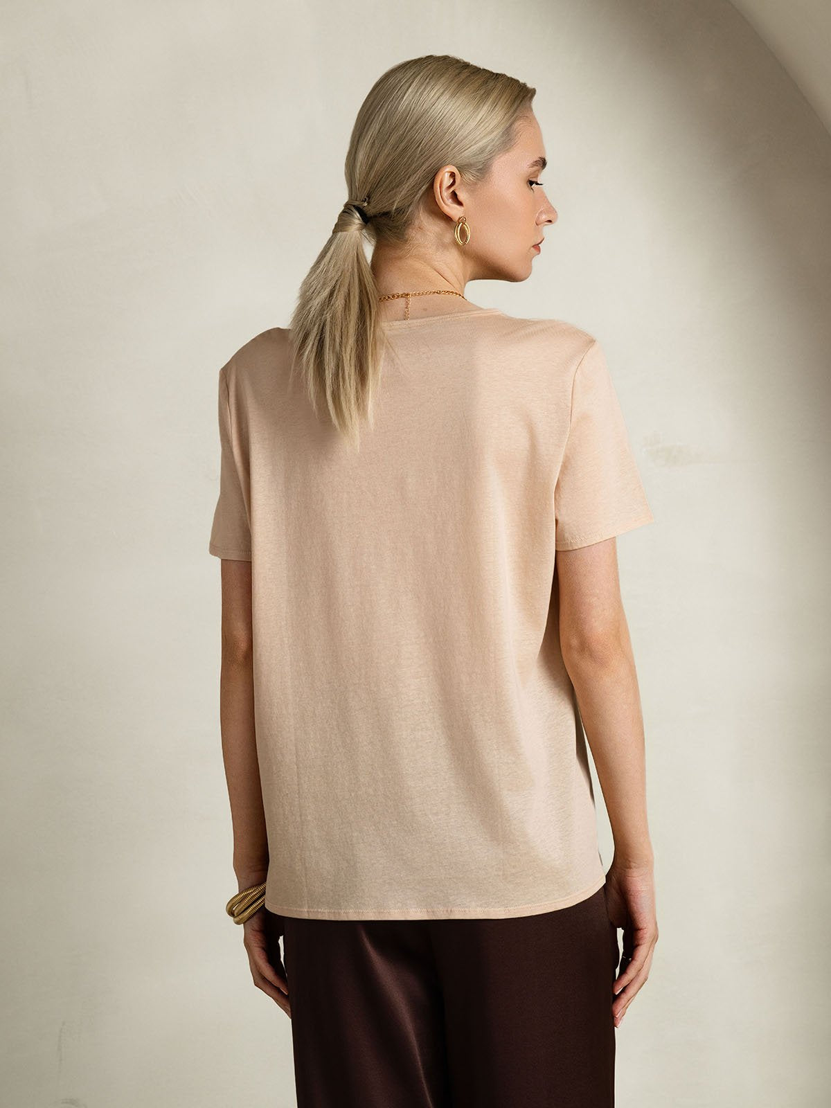 SilkSilky-NL Zijde Korte Mouw U-hals Dames T-Shirt Beige 002