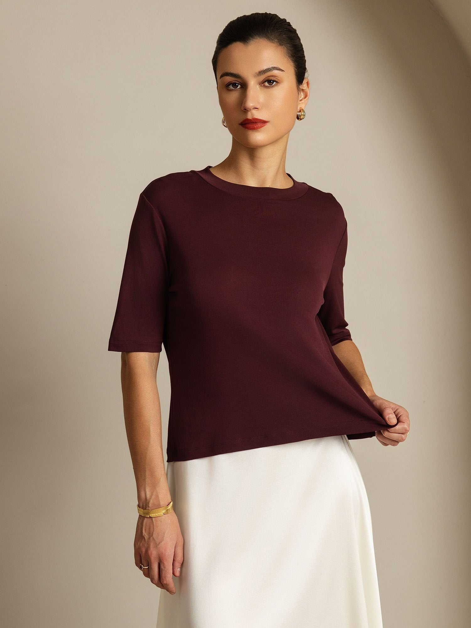 [Windsorwijn] SilkSilky-NL Zijde Ronde Hals Dames T-Shirt 006