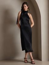 [Zwart] SilkSilky-NL 19Momme Stretch Silk Charmeuse Sleeveless Tie Neck Jurk 006