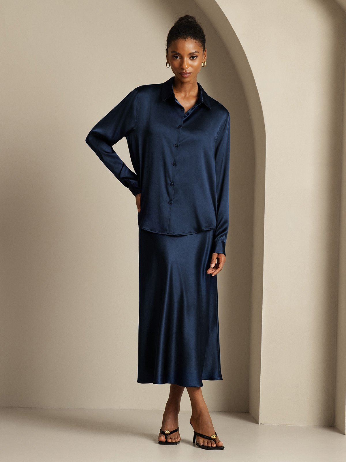 [Donkerblauw] SilkSilky-NL 19Momme Zijde Kraag Women''s Outfit Sets 006,