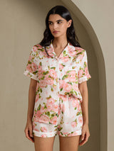 [Witte Pioenroos] SilkSilky-NL Short Sleeve Notch Collar Dames Pyjama Set 001