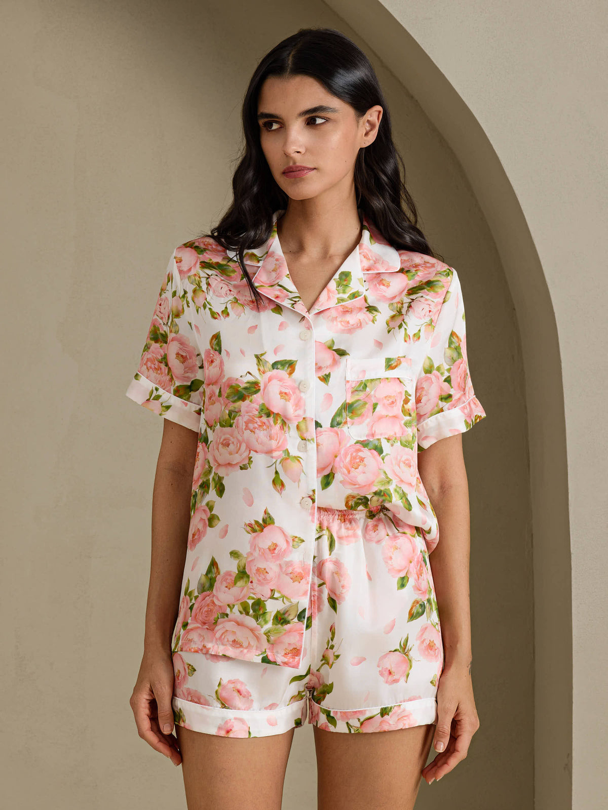 [Witte Pioenroos] SilkSilky-NL Short Sleeve Notch Collar Dames Pyjama Set 001