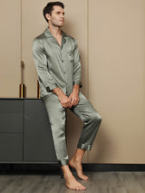 [Grijsachtig Groen] SilkSilky-NL Pure Silk Lange Mouw Revers Heren Pyjama Set 003
