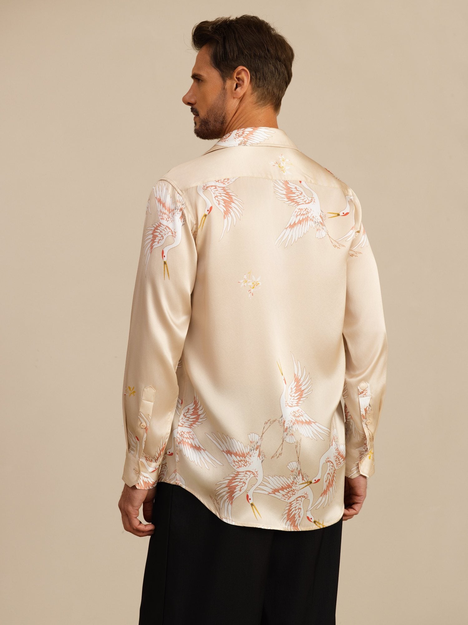[Champagne] SilkSilky-NL 19Momme Lange Mouw Reverskraag Heren Shirt 002