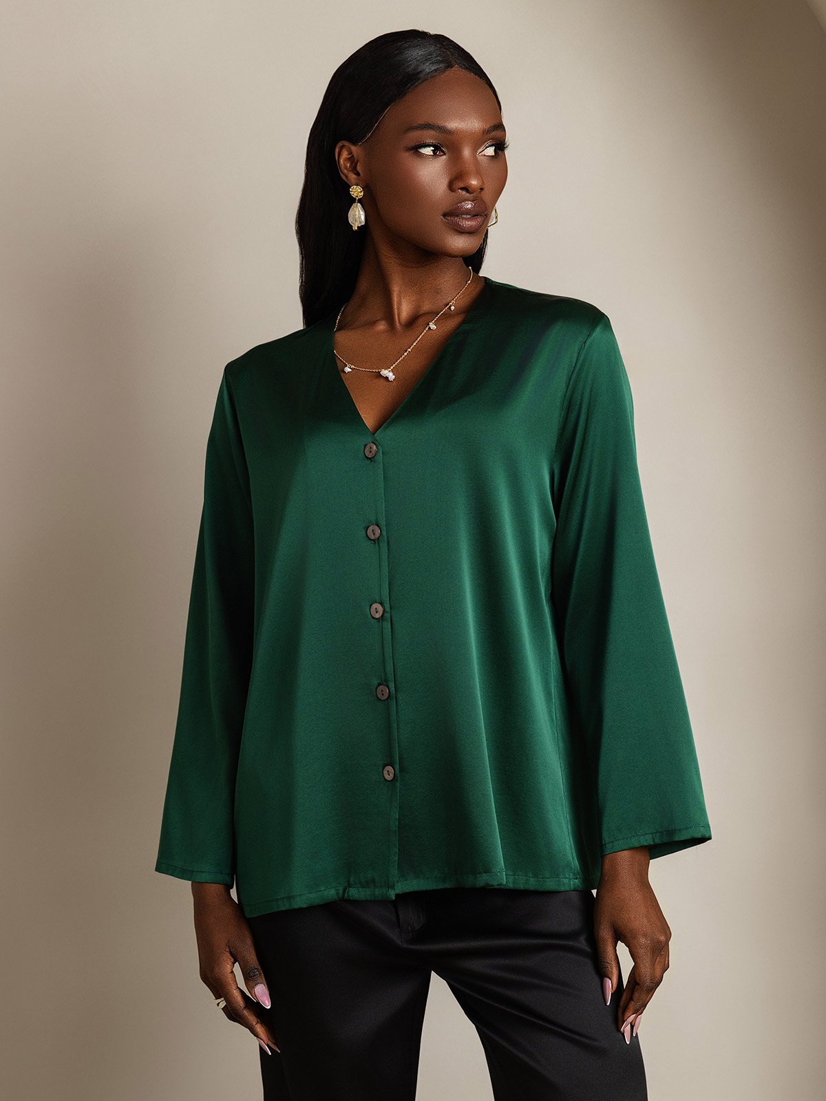 [Donkergroen] SilkSilky-NL 19Momme Zijde V-Hals Dames Blouse 005