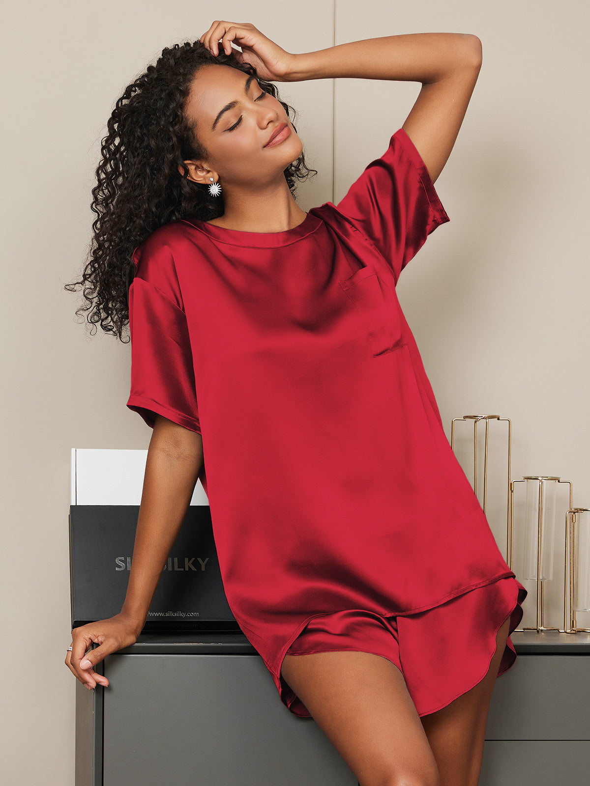 [Wijn] SilkSilky-NL Ronde Hals Dames Pyjama Set 004