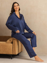 [Donkerblauw] SilkSilky-NL 19Momme Lange Mouw Notchkraag Dames Pyjama Set 008