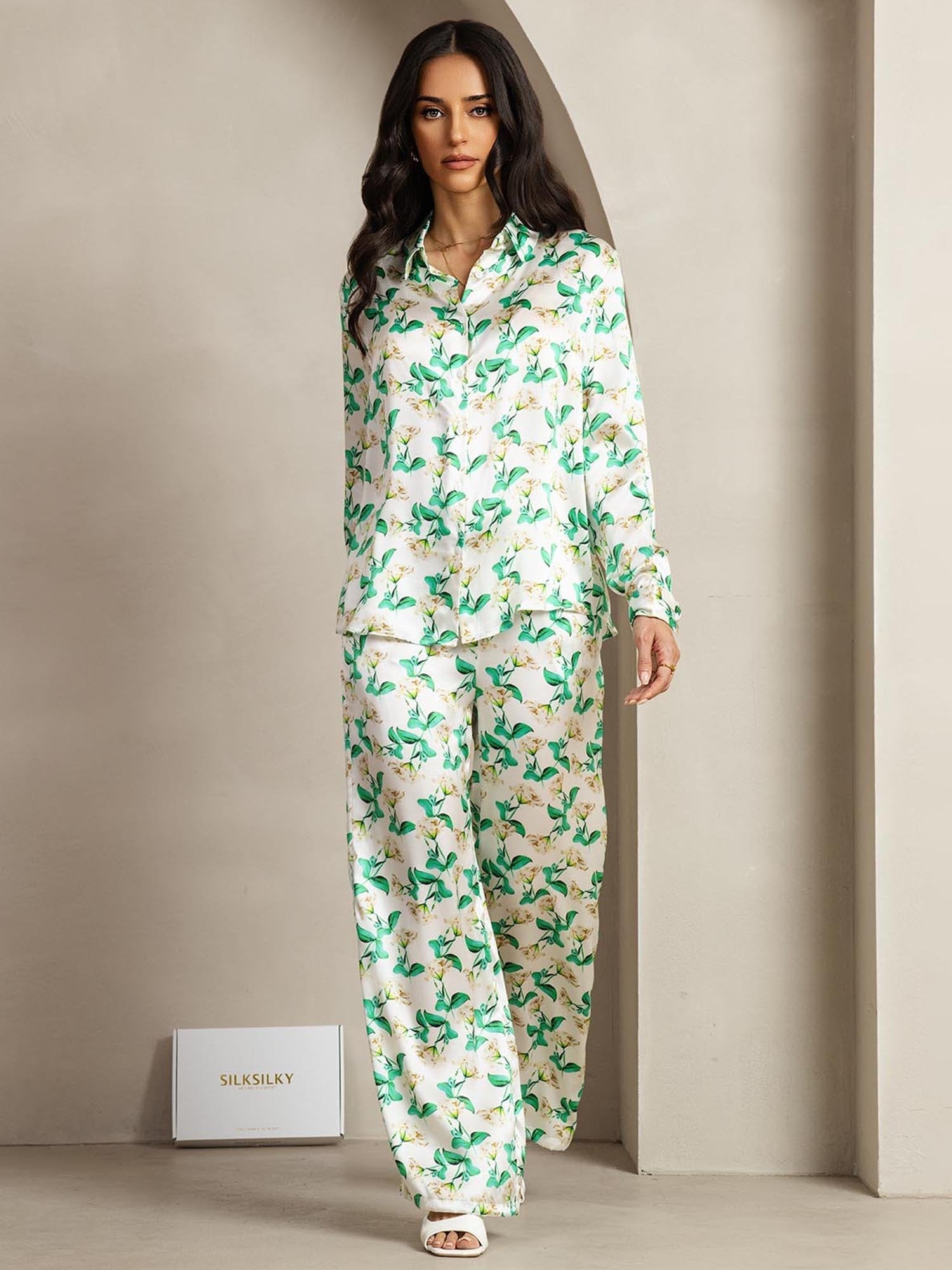[Groene Bloemen] SilkSilky-NL 19Momme Zijde Kraag Women''s Outfit Sets 002