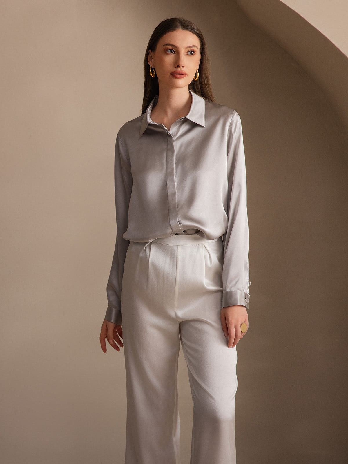 [Lichtgrijs] SilkSilky-NL 19Momme Zijde Lapel Collar Dames Blouse 006
