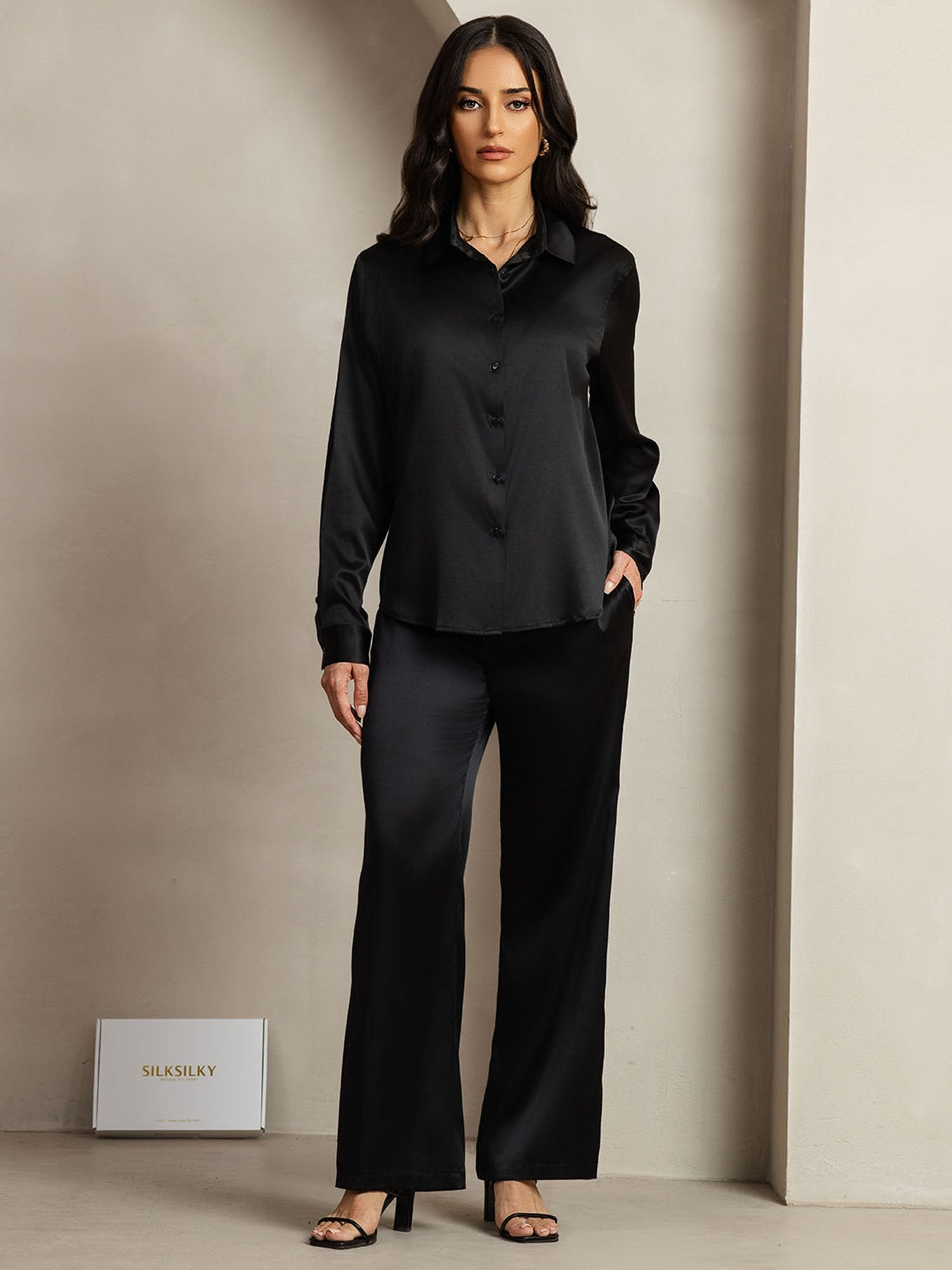 [Zwart] SilkSilky-NL 19Momme Zijde Kraag Women''s Outfit Sets 001