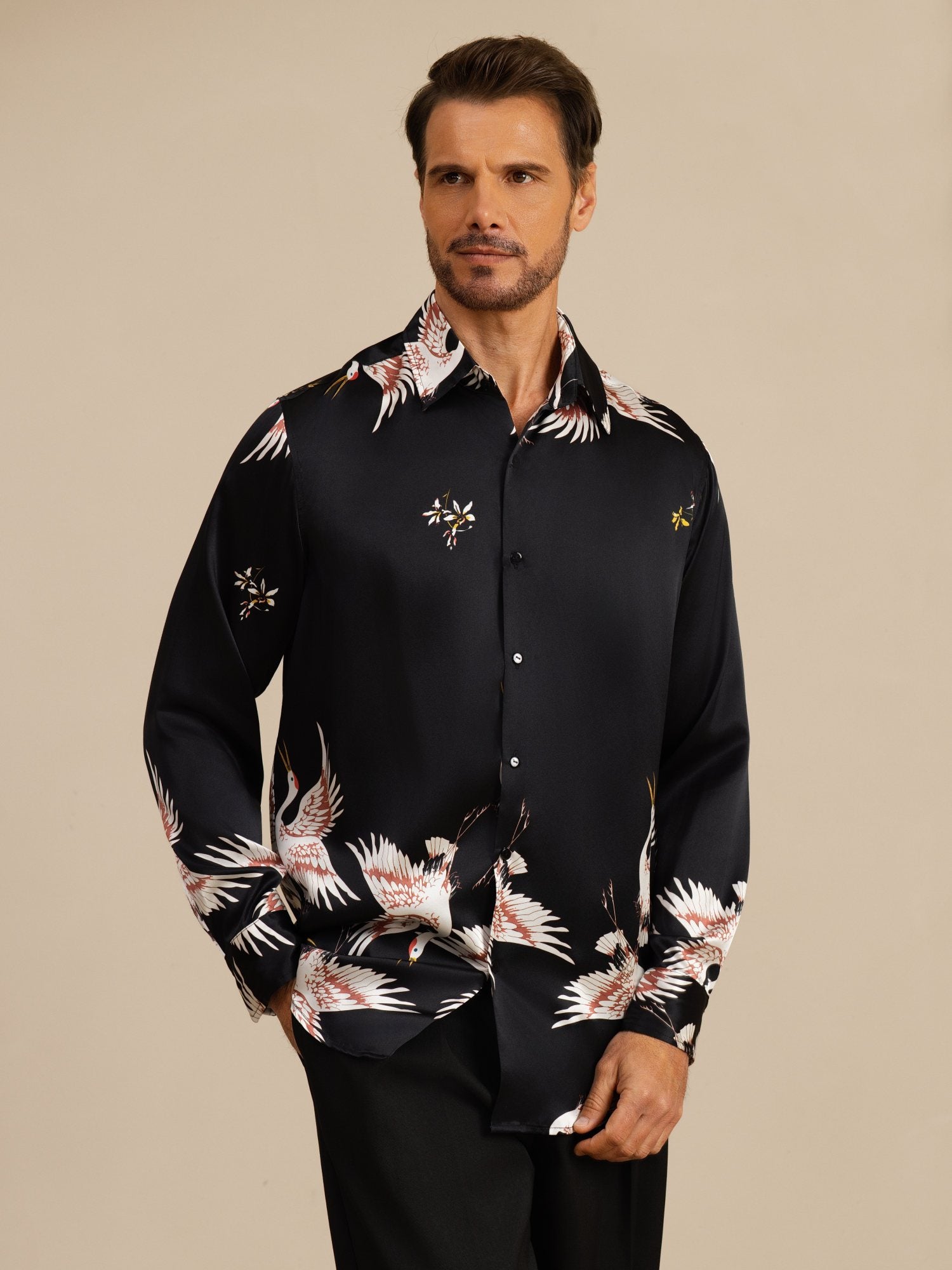 [Zwart] SilkSilky-NL 19Momme Lange Mouw Reverskraag Heren Shirt 001