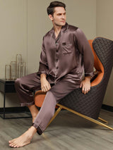 [Koffie] SilkSilky-NL Pure Silk Lange Mouw Revers Heren Pyjama Set 001
