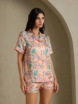 [Roze Fauna] SilkSilky-NL Short Sleeve Notch Collar Dames Pyjama Set 003