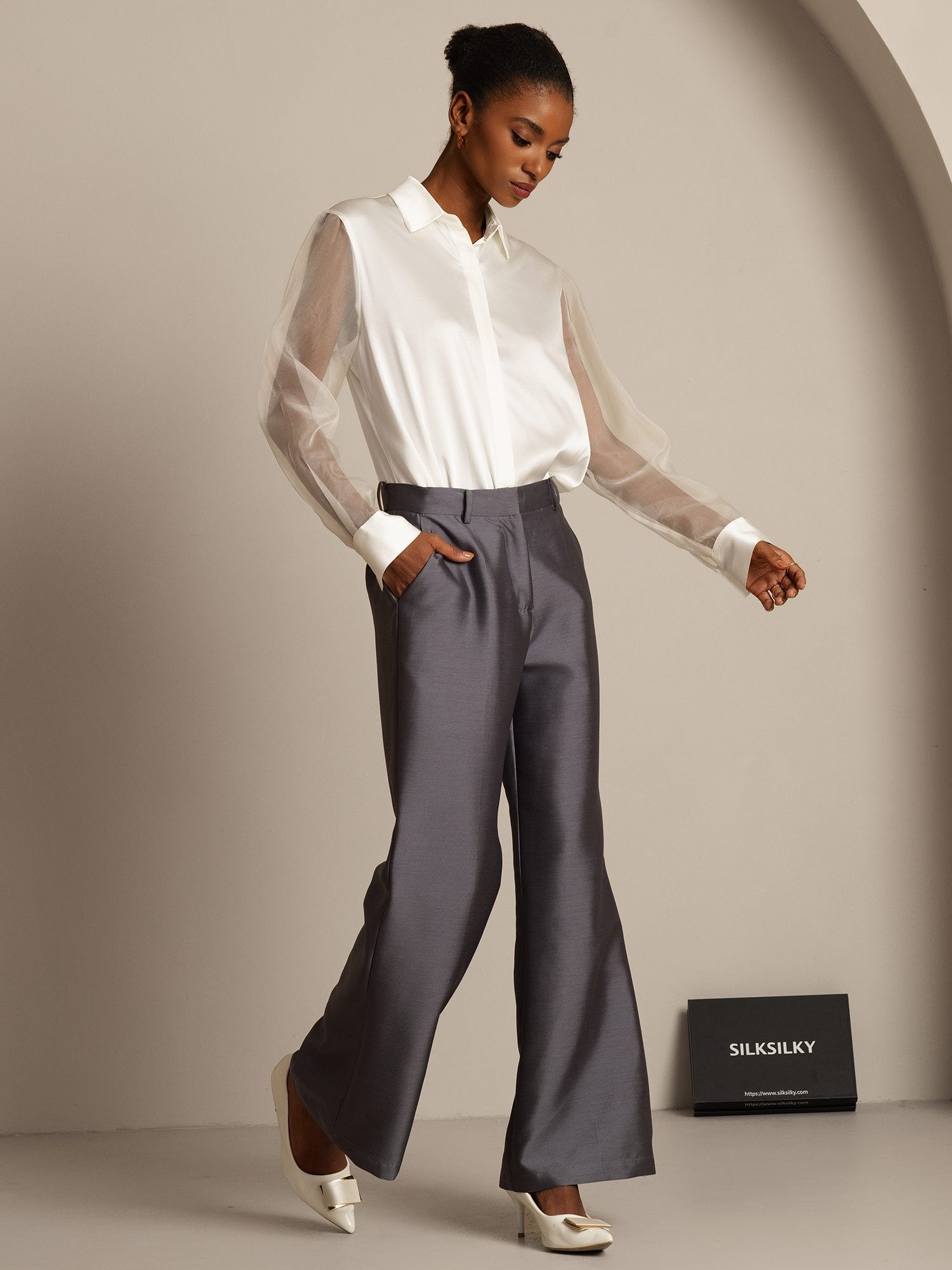 [Grijs] SilkSilky-NL 32Momme Silk-Wool Blend Womens Pants 008,