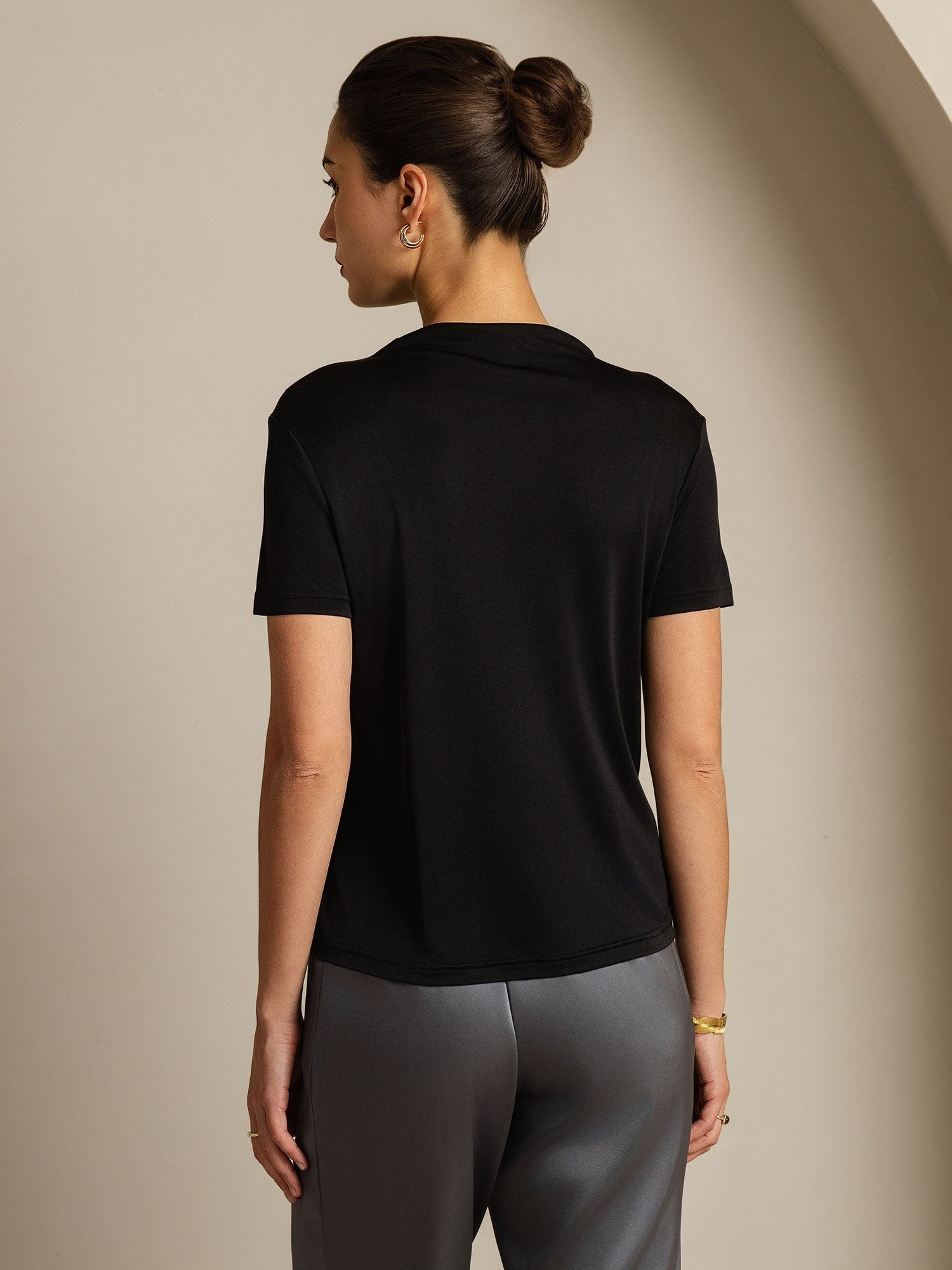 [Zwart] SilkSilky-NL Zijde Kraag Dames T-Shirt 002