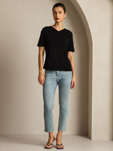 [Zwart] SilkSilky-NL Korte Mouw V Hals Dames T-Shirt 008