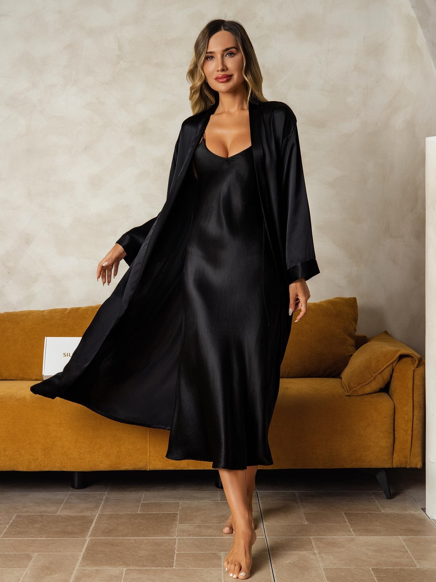 [Zwart] SilkSilky-NL Zijde Nightgown&Robe Set 001