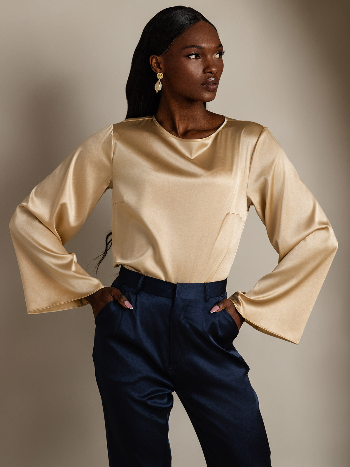 [Champagne] SilkSilky-NL 19Momme Lange Mouw Boat Hals Blouse 004