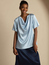[Grijsachtig Blauw] SilkSilky-NL 19Momme Korte Mouw Waterval Hals Blouse 004