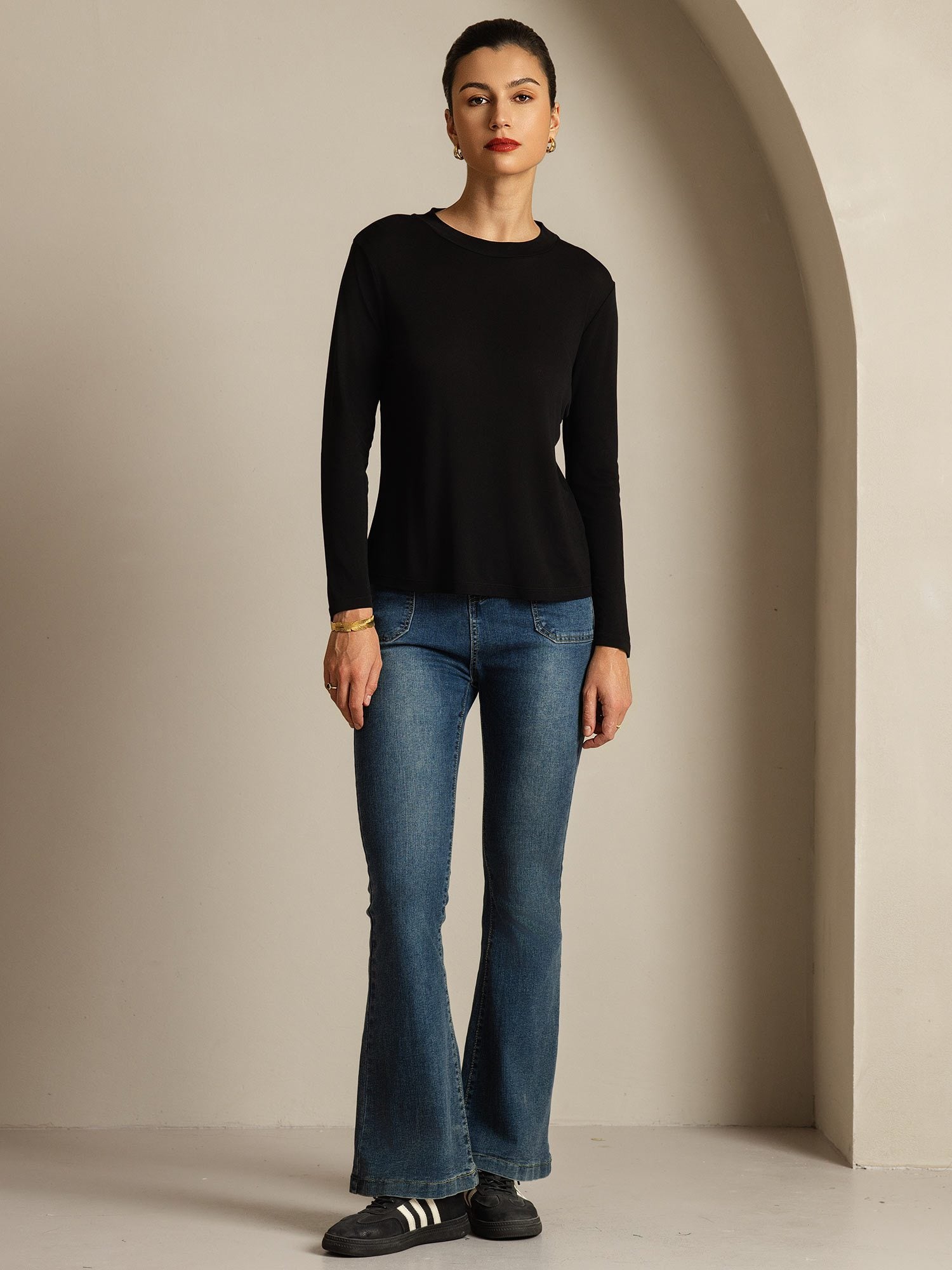 [Zwart] SilkSilky-NL Zijde Ronde Hals Dames T-Shirt 004