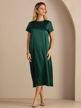 [Donkergroen] SilkSilky-NL Short Sleeve Round Neck Jurk 005