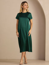 [Donkergroen] SilkSilky-NL Short Sleeve Crew Neck Jurk 005