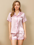 SilkSilky NL Pure Silk Korte Mouw Revers Dames Pyjama Set Lavendel 001