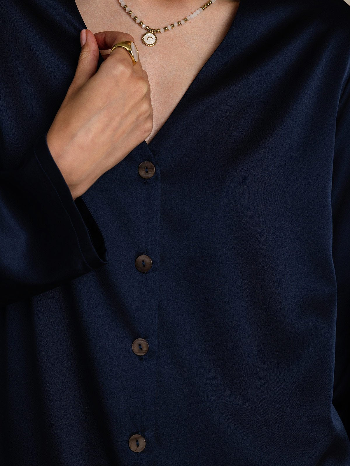 [Donkerblauw] SilkSilky-NL 19Momme Zijde V-Hals Dames Blouse 007