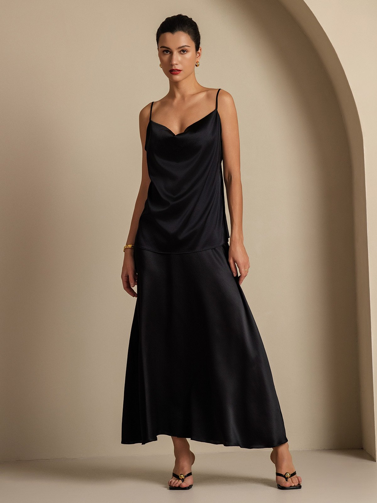 [Zwart] SilkSilky-NL 19Momme Zijde Kraag Women''s Outfit Sets 007,